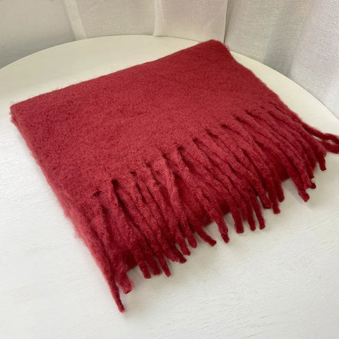 Tassels Scarf Women Thick Warm Simple Fashion Commuting Pure Color Scarf