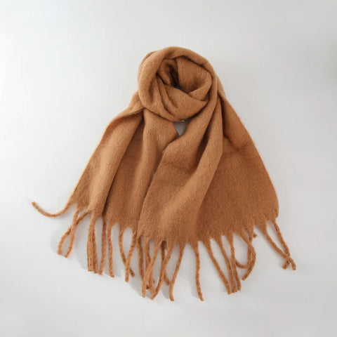 Tassels Scarf Women Thick Warm Simple Fashion Commuting Pure Color Scarf