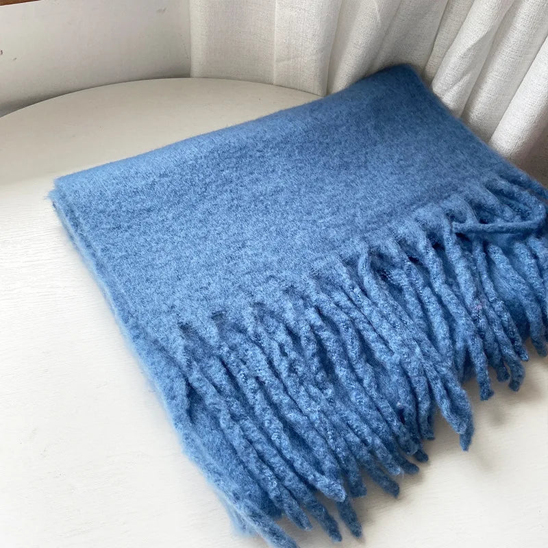 Tassels Scarf Women Thick Warm Simple Fashion Commuting Pure Color Scarf