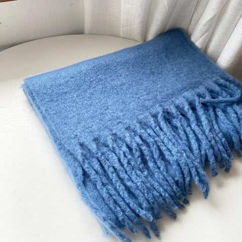 Tassels Scarf Women Thick Warm Simple Fashion Commuting Pure Color Scarf