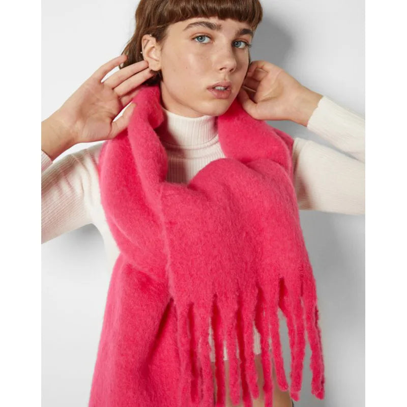 Tassels Scarf Women Thick Warm Simple Fashion Commuting Pure Color Scarf