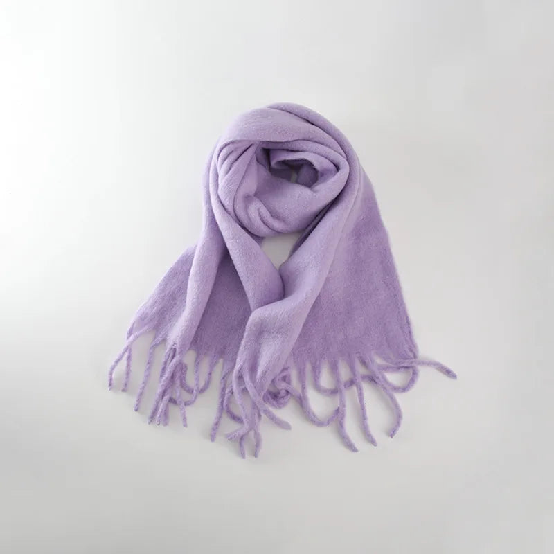 Tassels Scarf Women Thick Warm Simple Fashion Commuting Pure Color Scarf