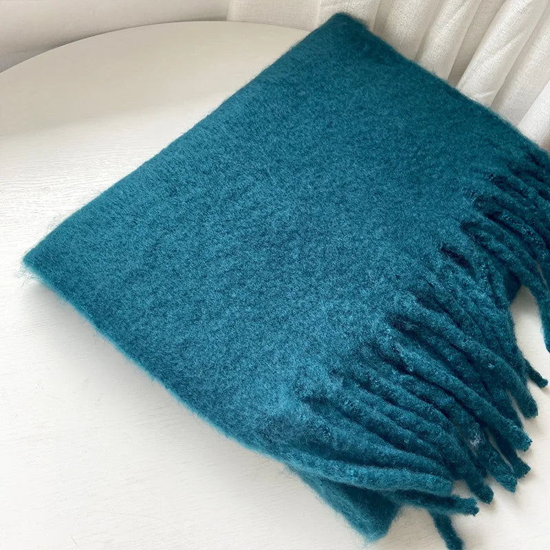 Tassels Scarf Women Thick Warm Simple Fashion Commuting Pure Color Scarf