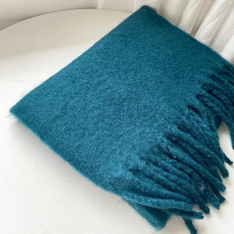 Tassels Scarf Women Thick Warm Simple Fashion Commuting Pure Color Scarf