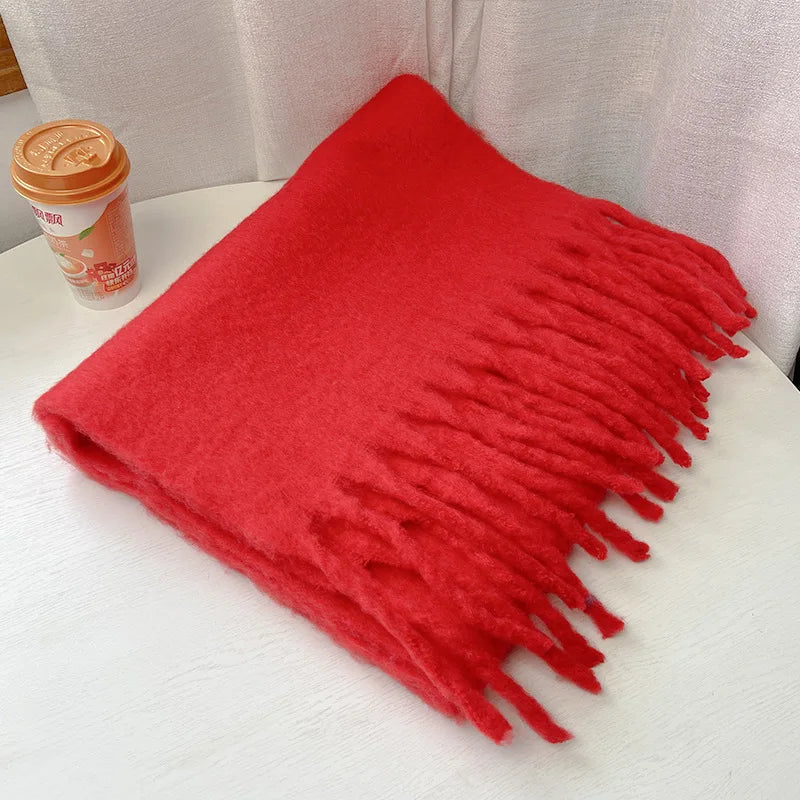Tassels Scarf Women Thick Warm Simple Fashion Commuting Pure Color Scarf
