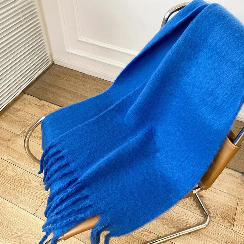Tassels Scarf Women Thick Warm Simple Fashion Commuting Pure Color Scarf