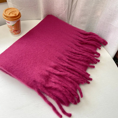 Tassels Scarf Women Thick Warm Simple Fashion Commuting Pure Color Scarf