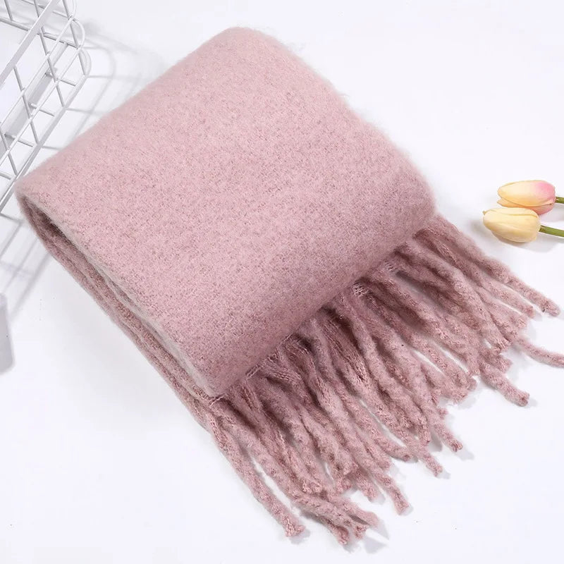 Tassels Scarf Women Thick Warm Simple Fashion Commuting Pure Color Scarf