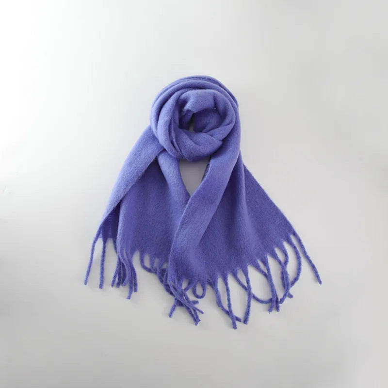Tassels Scarf Women Thick Warm Simple Fashion Commuting Pure Color Scarf