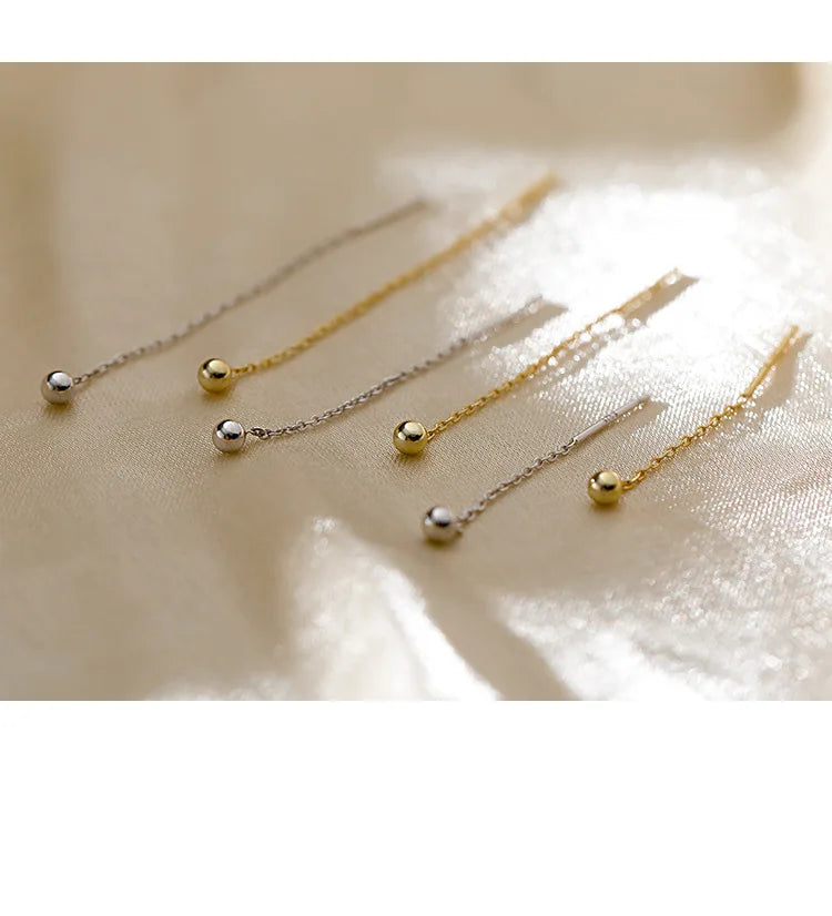 Trend Stainless Steel Long Wire Tassel Thread Chain Ball Pendants Drop Ear Line Straight Hanging Earring