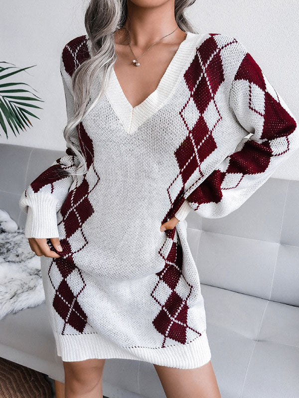 Argyle Long Sleeve Knit Midi Dress