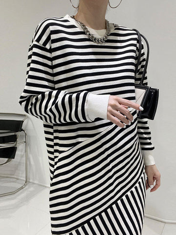 Irregular Split Long Sleeve Striped Maxi Dress