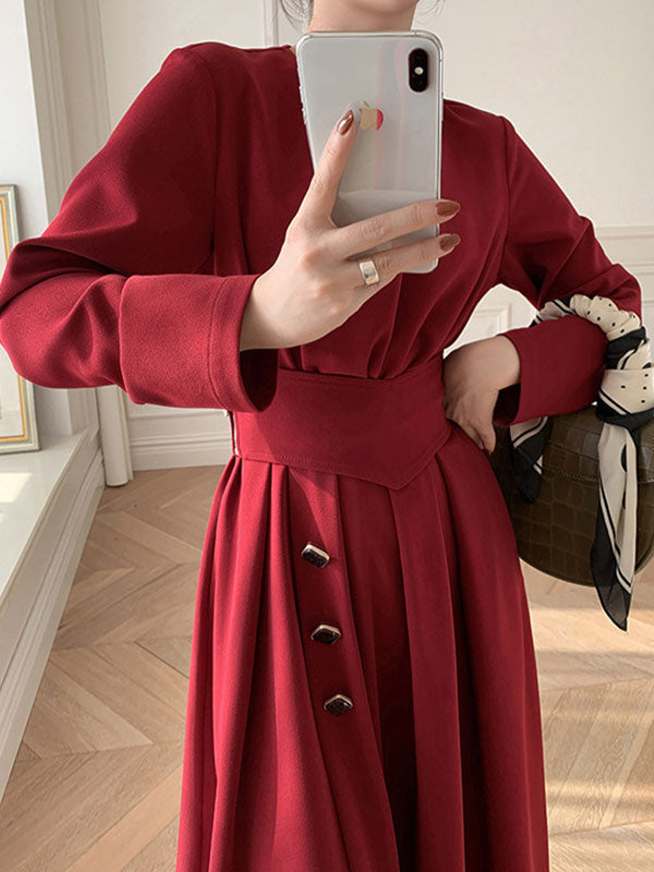 Buttoned Long Sleeve Corset Midi Dress