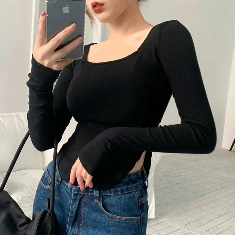 Asymmetrical Sexy Side Split Slim Long Sleeve Tee