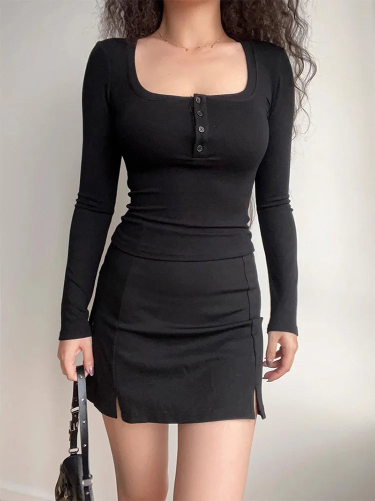 Square Neck Sexy Long Sleeve Tee