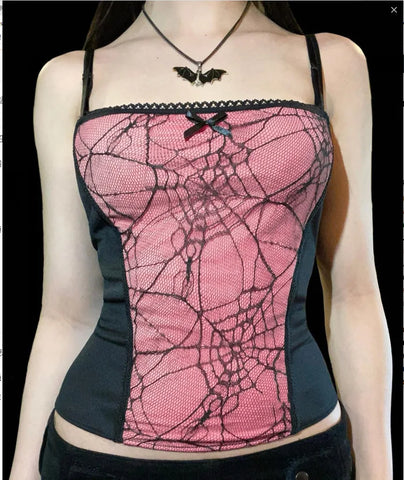 Gothic Pattern Web Crop Zipper Backless Spider Sleeveless Top