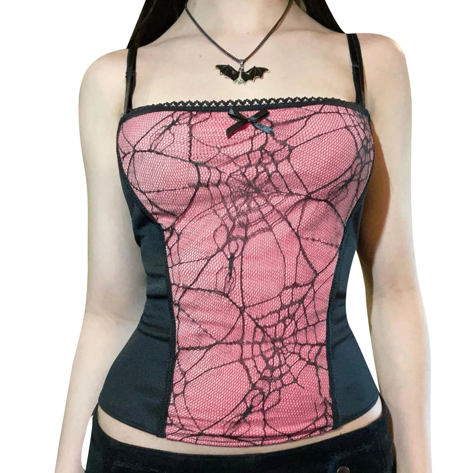 Gothic Pattern Web Crop Zipper Backless Spider Sleeveless Top