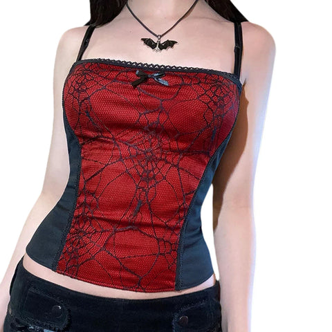 Gothic Pattern Web Crop Zipper Backless Spider Sleeveless Top