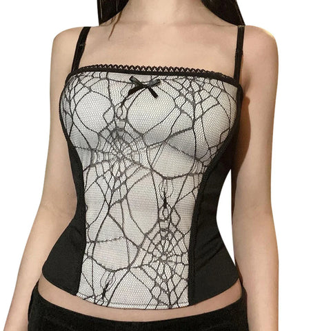 Gothic Pattern Web Crop Zipper Backless Spider Sleeveless Top