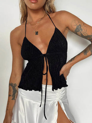 Halterneck Bandage Open Front Backless Crop Top