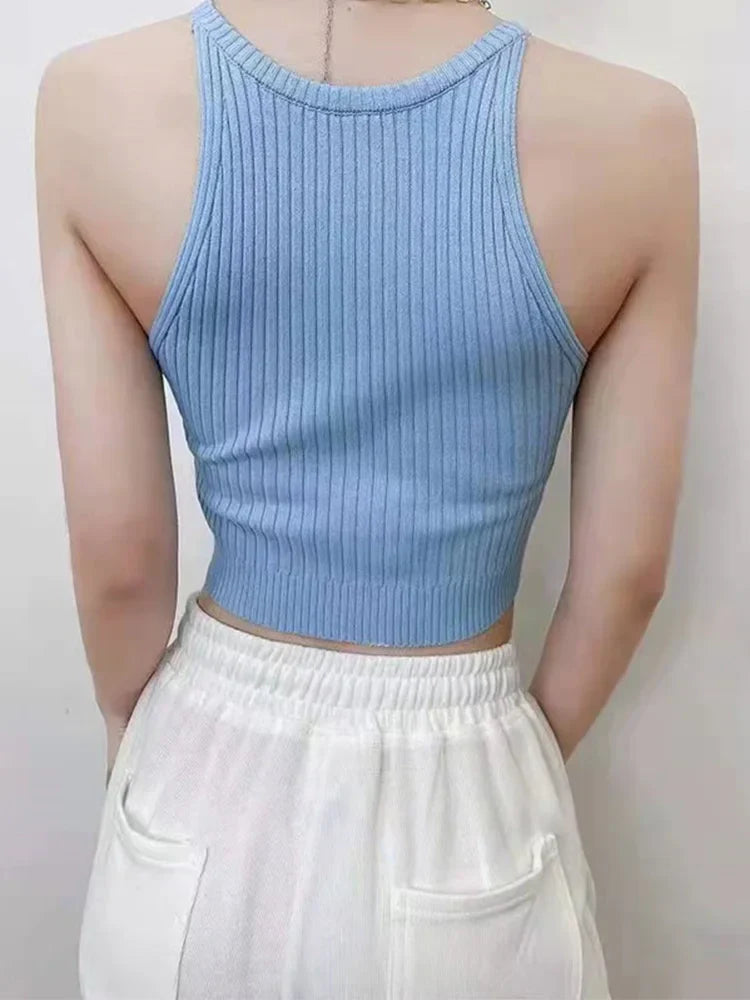 Plain Knitted Halter Off Shoulder Crop Top