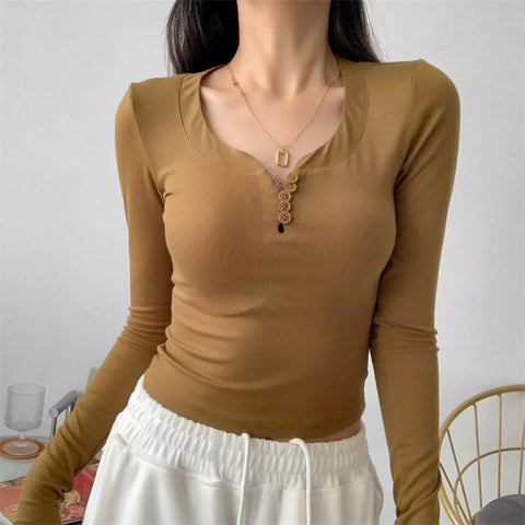 Slim Sexy Button V-Neck Long Sleeve Tee