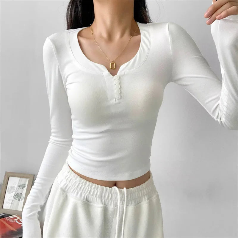 Slim Sexy Button V-Neck Long Sleeve Tee