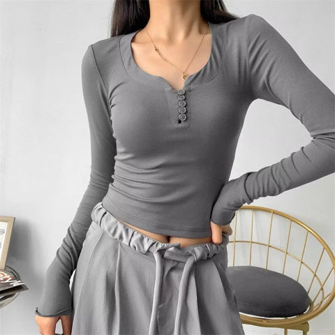 Slim Sexy Button V-Neck Long Sleeve Tee