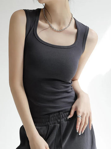 Solid U Neck Ribbed Crop Top