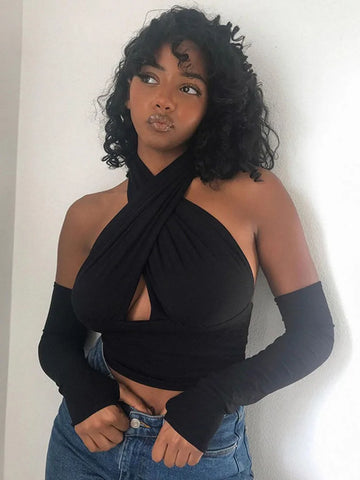 Strappy Cross Over Front Cut Out Halter Neck Crop Top