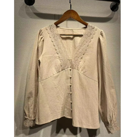 Collar 100% Cotton Lace Puff Solid Hollow Single BrightTops Blouse