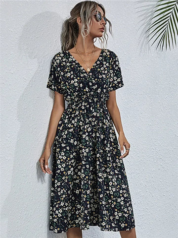 Elegant Black V-necked Spring Summer Vacation Floral Printed Flare Midi Dress