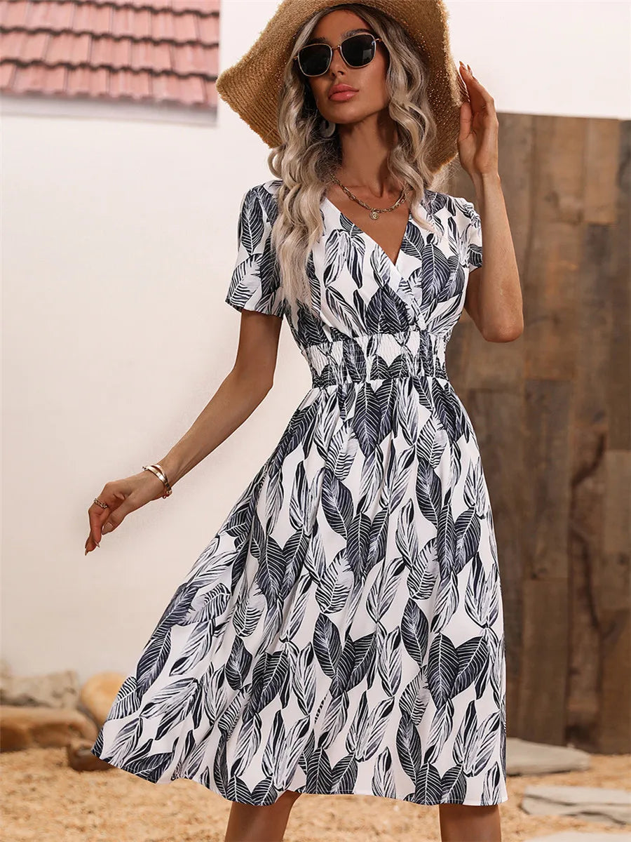 Elegant Black V-necked Spring Summer Vacation Floral Printed Flare Midi Dress