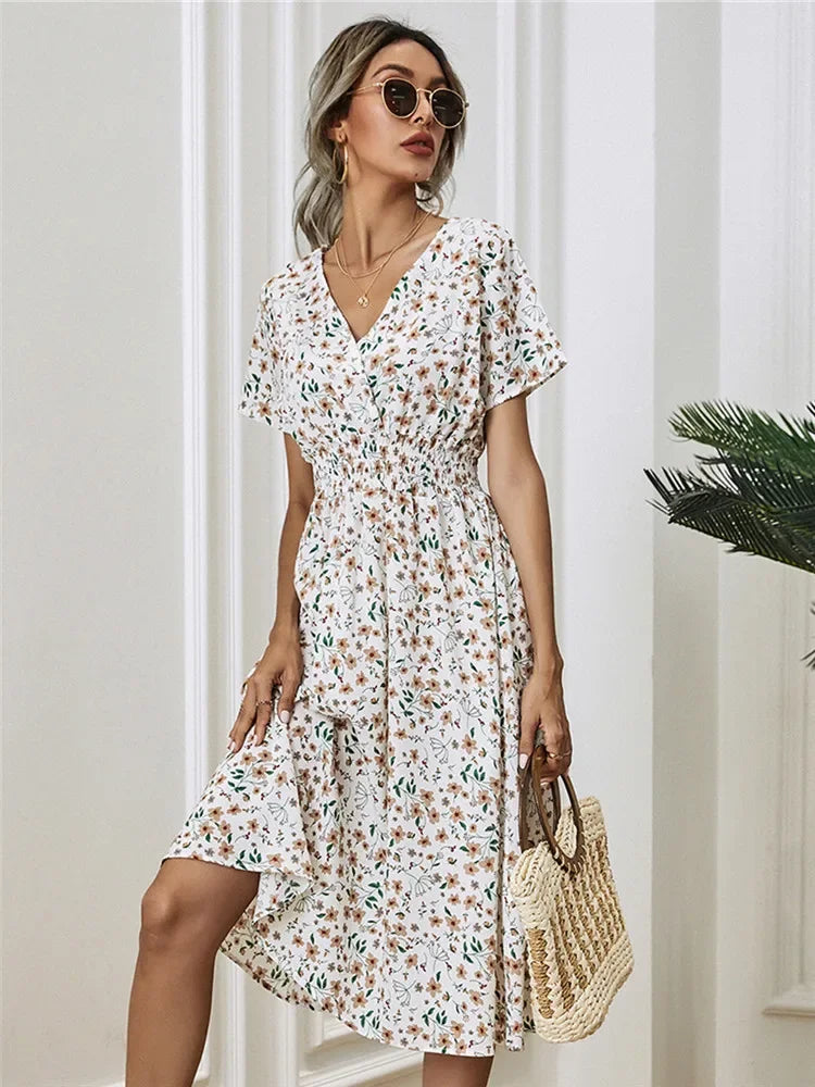 Elegant Black V-necked Spring Summer Vacation Floral Printed Flare Midi Dress