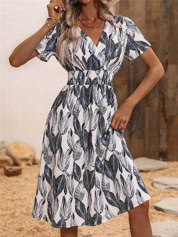 Elegant Office Pleated Casual Solid Color Round Neck Summer Women's Midi Dress