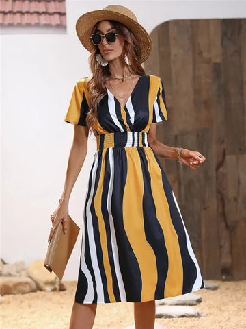 Elegant Office Pleated Casual Solid Color Round Neck Summer Women's Midi Dress