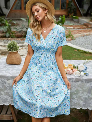 Elegant Black V-necked Spring Summer Vacation Floral Printed Flare Midi Dress