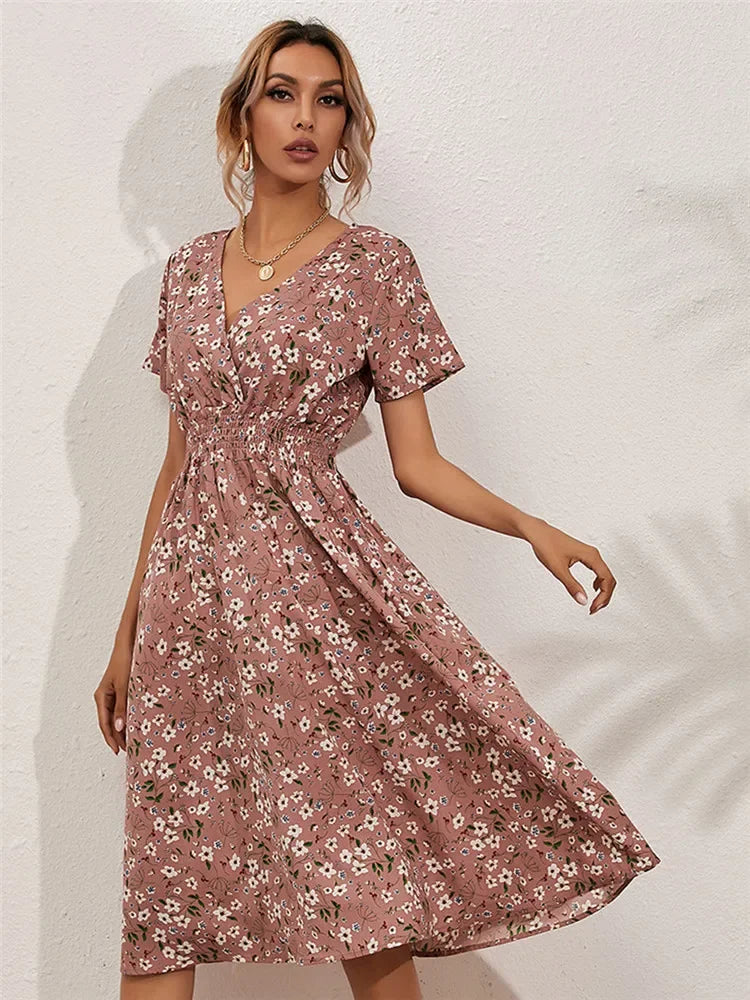 Elegant Black V-necked Spring Summer Vacation Floral Printed Flare Midi Dress