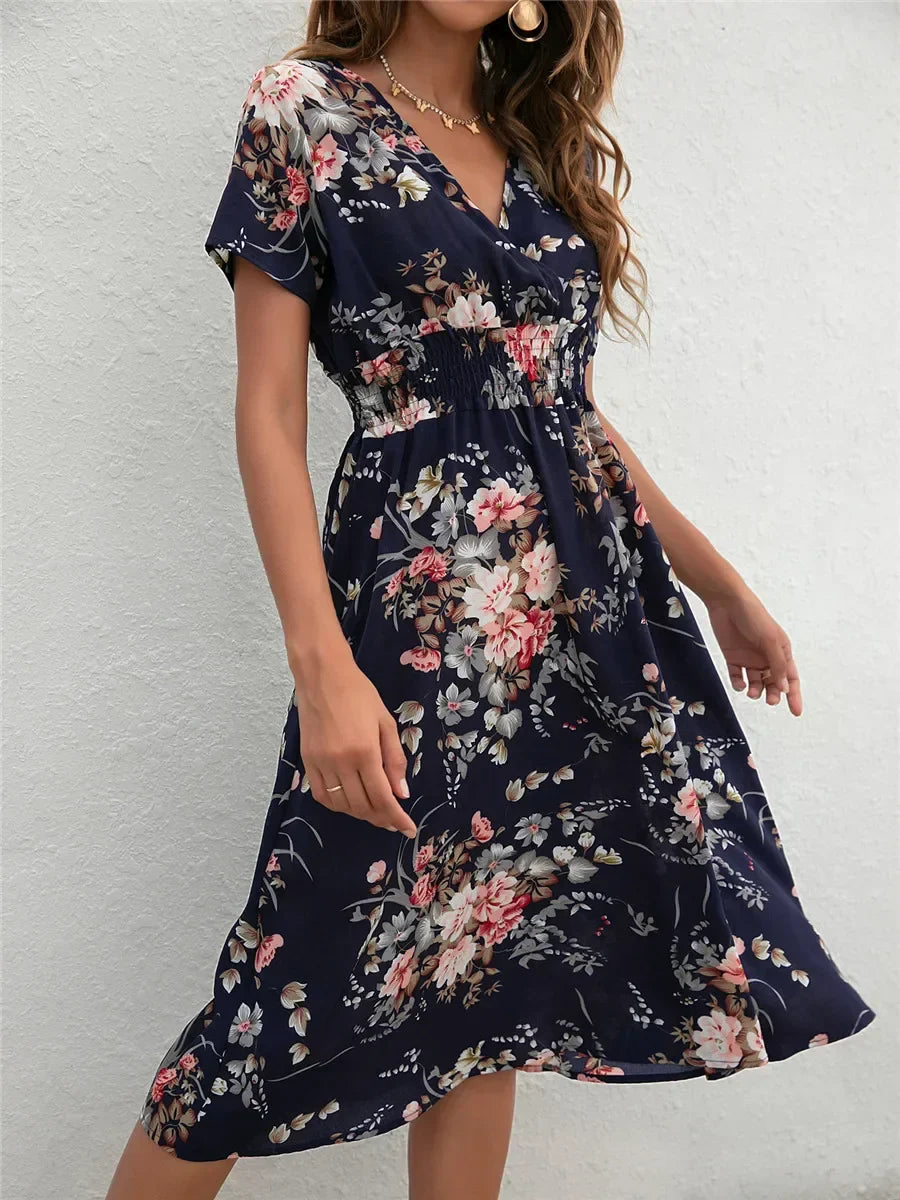 Elegant Black V-necked Spring Summer Vacation Floral Printed Flare Midi Dress