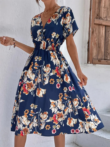 Elegant Black V-necked Spring Summer Vacation Floral Printed Flare Midi Dress