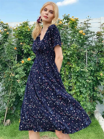 Chic Summer Fashionable Floral Navy Sleeveless Elegant Holiday Midi Dress