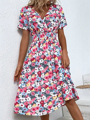 Chic Summer Fashionable Floral Navy Sleeveless Elegant Holiday Midi Dress