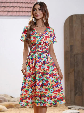 Elegant Black V-necked Spring Summer Vacation Floral Printed Flare Midi Dress