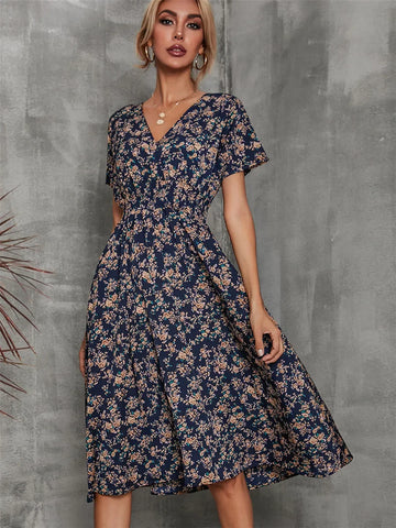 Chic Summer Fashionable Floral Navy Sleeveless Elegant Holiday Midi Dress