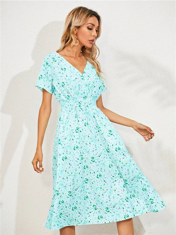 Chic Summer Fashionable Floral Navy Sleeveless Elegant Holiday Midi Dress