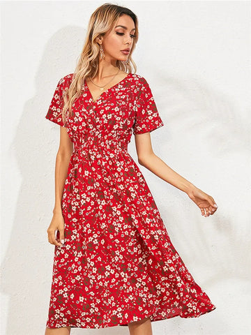 Elegant Black V-necked Spring Summer Vacation Floral Printed Flare Midi Dress