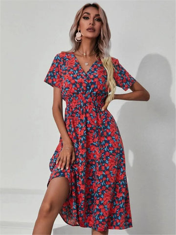 Elegant Black V-necked Spring Summer Vacation Floral Printed Flare Midi Dress