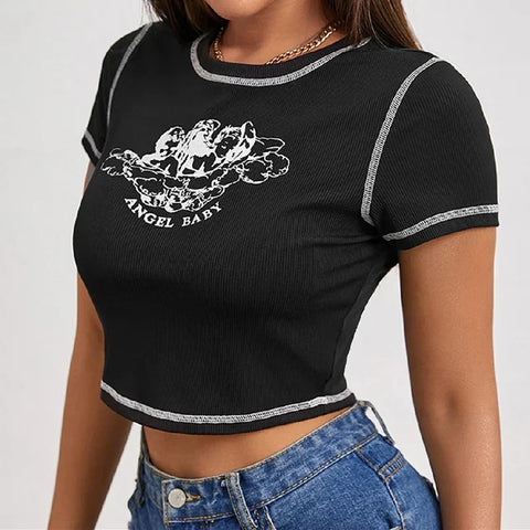 Printed Round Neck Contrast Stitch Slim Fit Casual Crop Tops Short Sleeve Tee