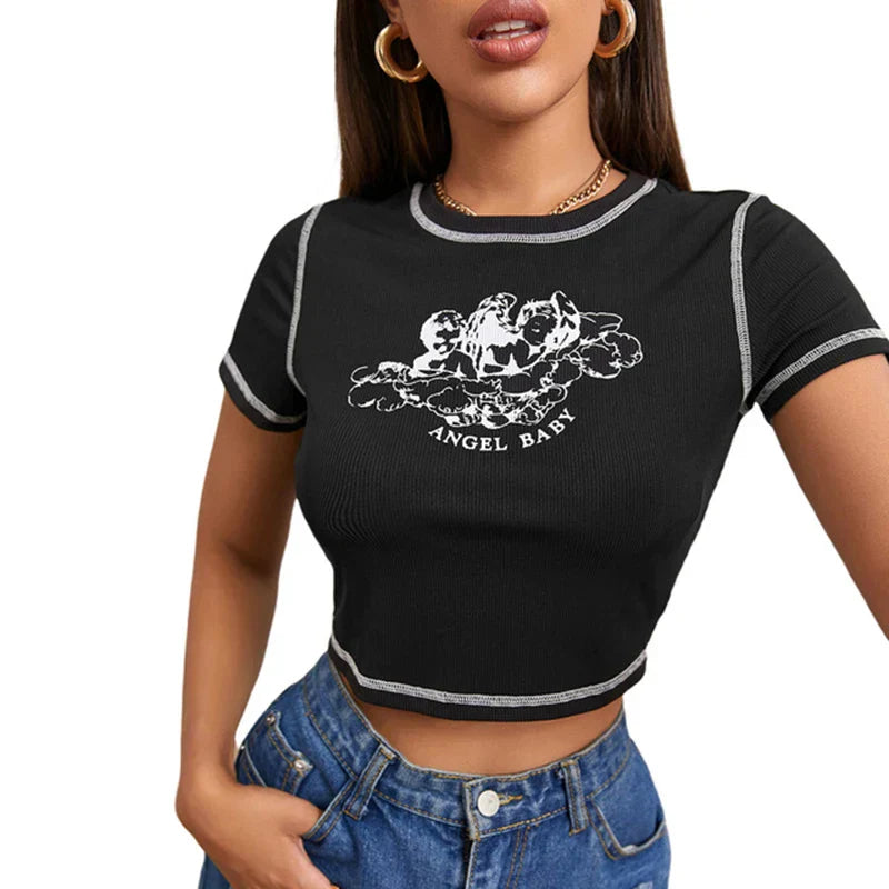 Printed Round Neck Contrast Stitch Slim Fit Casual Crop Tops Short Sleeve Tee