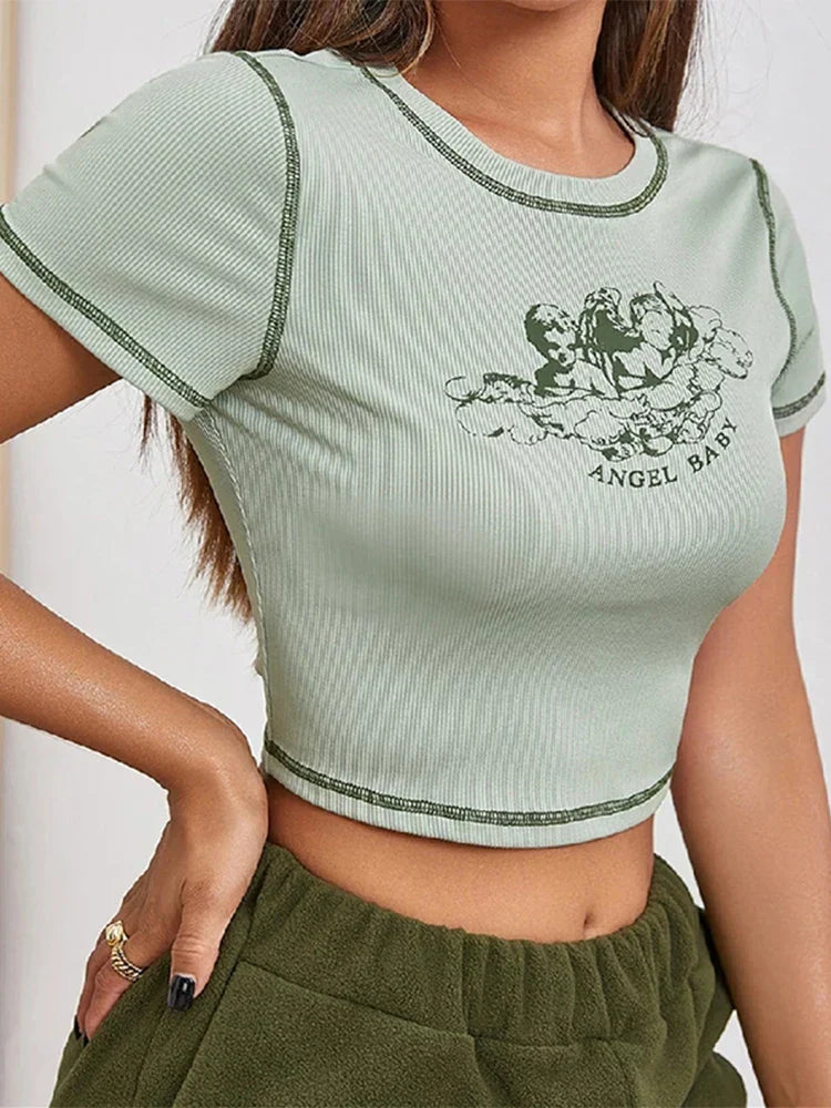 Round Neck Contrast Stitch Slim Fit Casual Crop Tops Short Sleeve Tee